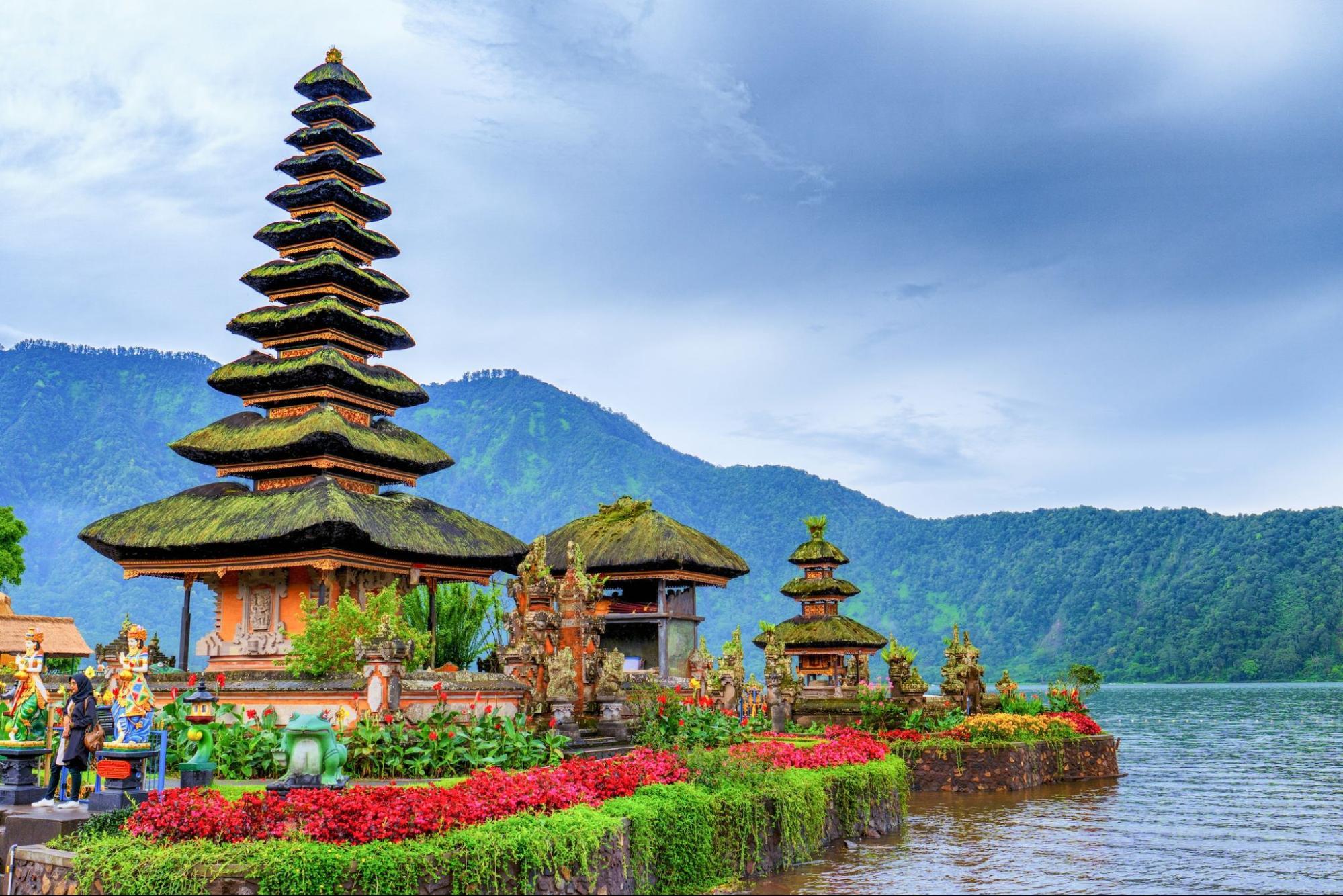 Scenic lakeside temple in Bali with lush green mountains