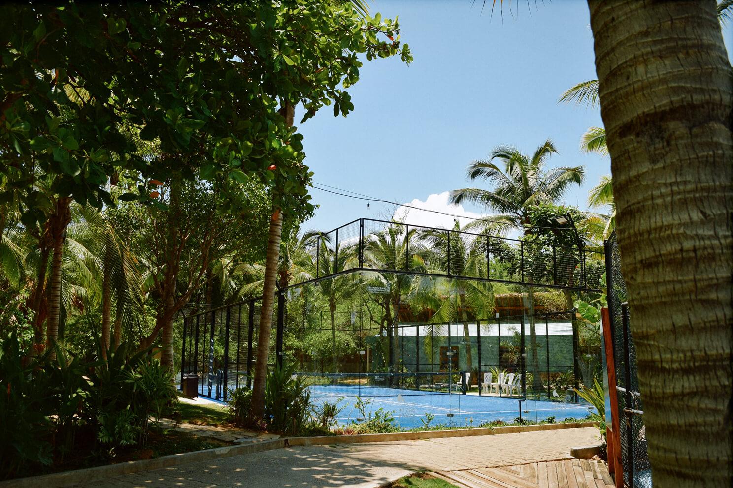 Padel court at Club Bacocho in Puerto Escondido, Mexico, surrounded by palm trees near the Pacific coast in a tropical resort-style setting.